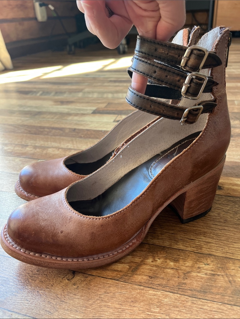 freebird Randi Tan Brown Leather Ankle-Strap Block Heels